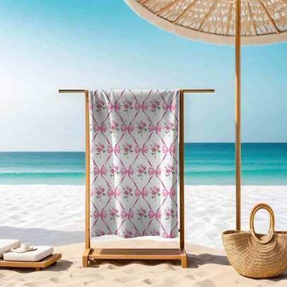 Large Pink Bow Beach Towel - Rose Floral Pattern, Sand-Proof, Lightweight, Quick-Drying, Absorbent Microfiber Material, Suitable For Girls/Women Travel, Sports, Swimming, Bathing, Camping, Vacation, Essential Beach Accessory