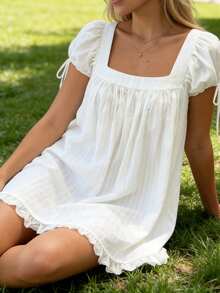 Women's Square Neck Puff Sleeve Babydoll Top Lace Trim Ruffle Hem Blouse Summer Casual Flowy Tunic Top For Beach Vacation - 白色 - 查看 7