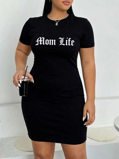 大码女式夏季时尚百搭连衣裙，饰有“妈妈生活”极简字母印花，黑色