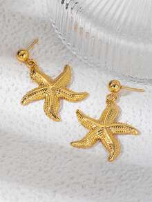 Mazuer 一对18K镀金纹理海星吊坠耳环，不锈钢球形耳钉，适合女士海滩度假、日常佩戴、约会、母亲节礼物 - 海星 - 查看 5
