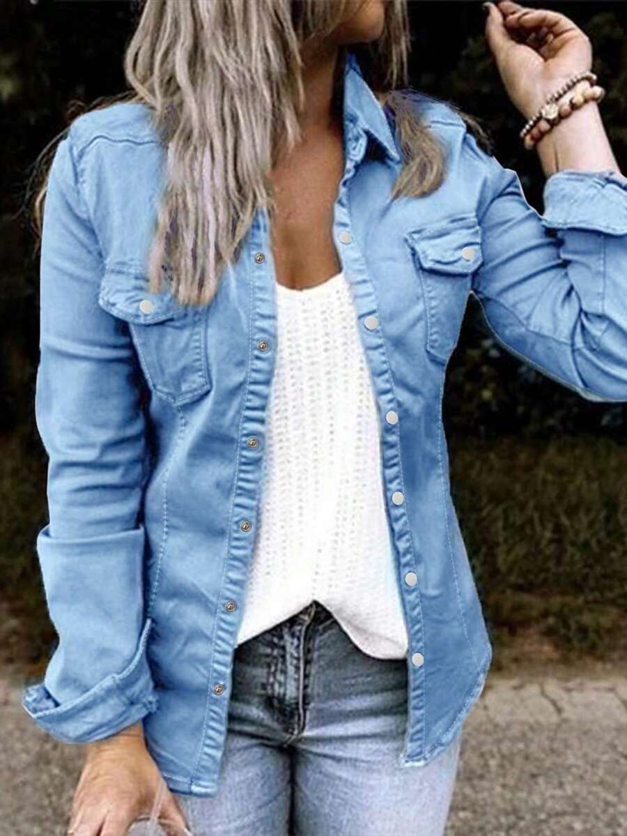 Damblus med volang i denim - Avslappnad, mångsidig vårjacka med volang i denim - Blå - Visa 1