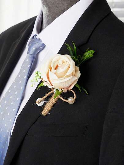 1件仿真玫瑰胸花，适用于森林主题婚礼、新郎及伴郎西装胸针，创意设计的新款欧式高端胸花，适用于宴会。