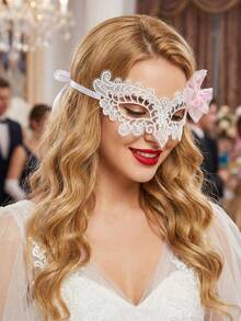1 pieza Máscara de mujer con lentejuelas y lazo, máscara retro linda y dulce de encaje que cubre media cara, adecuada para todas las estaciones - Multicolor - Ver 5