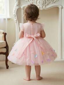 Baby Girls' Pink Party Dress, 0-2 Years Old Infant Birthday Party Tulle Skirt - Pink - View 7