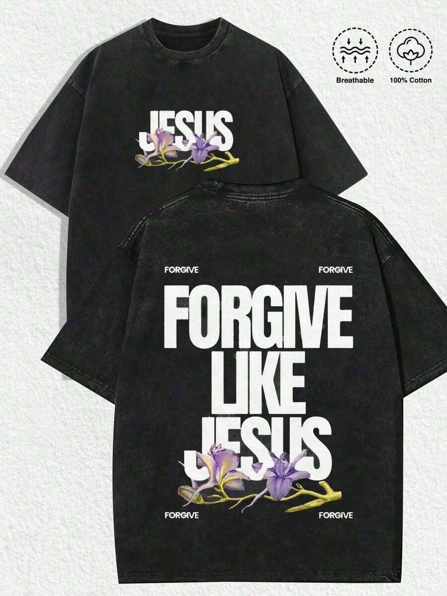 Graphic Tees Men, Forgive Like Jesus Floral Print T-Shirt, Vintage, Christian, Faith, Casual, Inspirational, Free Shipping - 灰色 - 查看 1