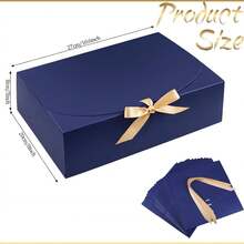 10件套带盖礼盒，蓝色，尺寸10.6 x 7.8 x 3.1英寸，配金色丝带，适用于伴娘邀请函、婚礼礼物、生日礼物、派对回礼、装饰、情人节礼物、新娘礼盒 - 藏蓝色 - 查看 5