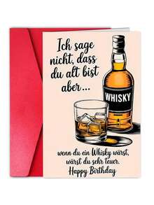1 pieza Tarjeta de felicitación de cumpleaños divertida de whisky alemán con sobre rojo, ilustración de botella y vaso de whisky, perfecta para amantes del whisky y amigos - Ver 2