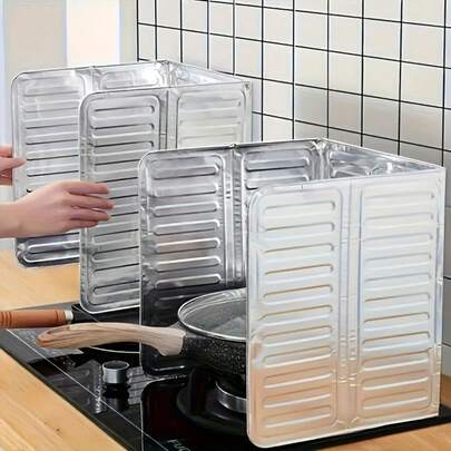2pcs Stove Splash Guard - Kitchen Cooking Oil Splash Barrier, Aluminum Foil Heat Insulation Board For Gas Stove, Non-Contact Food Splash Screen, Foldable Gas Stove Oil Block, Overflow Protection Device