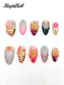 10 Pieces Of Pure Handmade Pressed Wearing Nail, 25mm Long Square Nail, Pink Nail, Red Nail, White Nail, Hand-Painted Red Heart Pattern, 3D White Bow Jewelry, White Heart-Shaped Jewelry, Hand-Painted Red Lines, White Bud Lace. Cute Nail Piece. - Multicolor - View 1