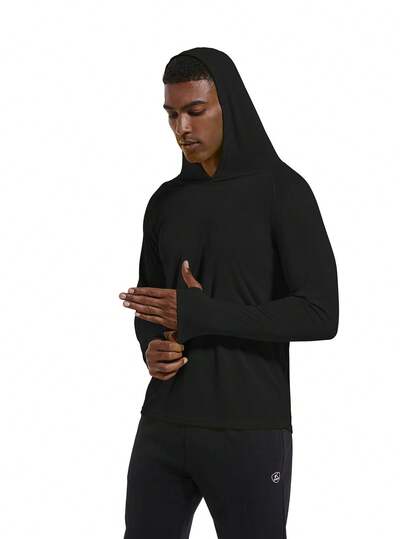 Men's UPF 50+ UV Protection Hooded Long Sleeve T-Shirt, Lightweight Hoodie For Hiking, Fishing, Outdoor Sports, Running Black Spring