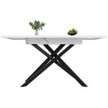 Telescopic Dining Table (120-160 Cm), Extendable Table, Space-Saving Kitchen Table, Black Iron Crossed Legs, For Kitchen And Living Room, White Marble Dining Table - White - View 8