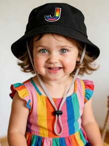 1pc Baby Letter A-Z Design Bucket Hat, Unisex Outdoor Sun Protection Cap, Children Panama Hat Accessory - Black - View 3