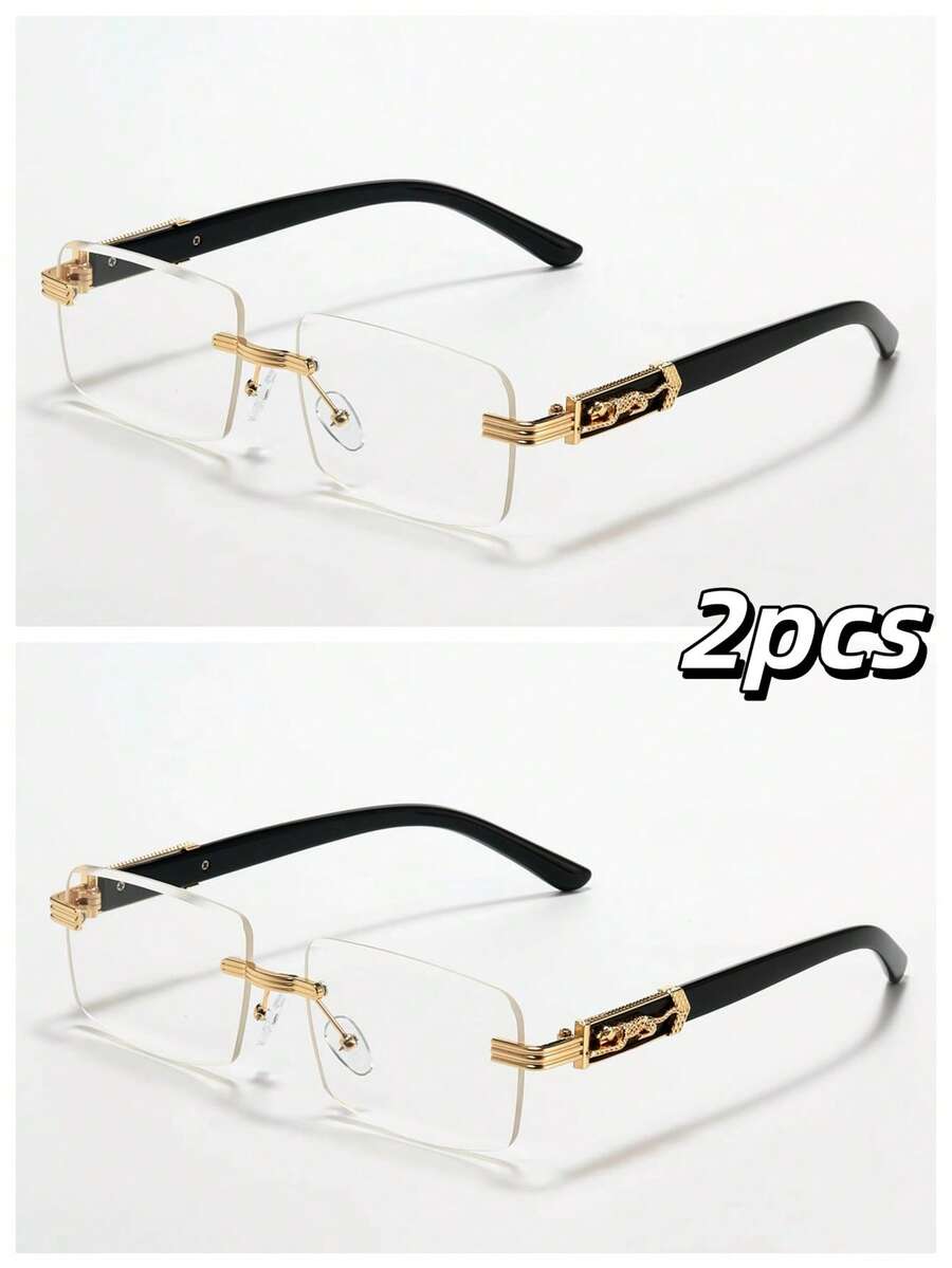 2副金属无框猎豹动物造型透明镜片眼镜（适合街头摄影） - 2set黑框/平光鏡 - 查看 1