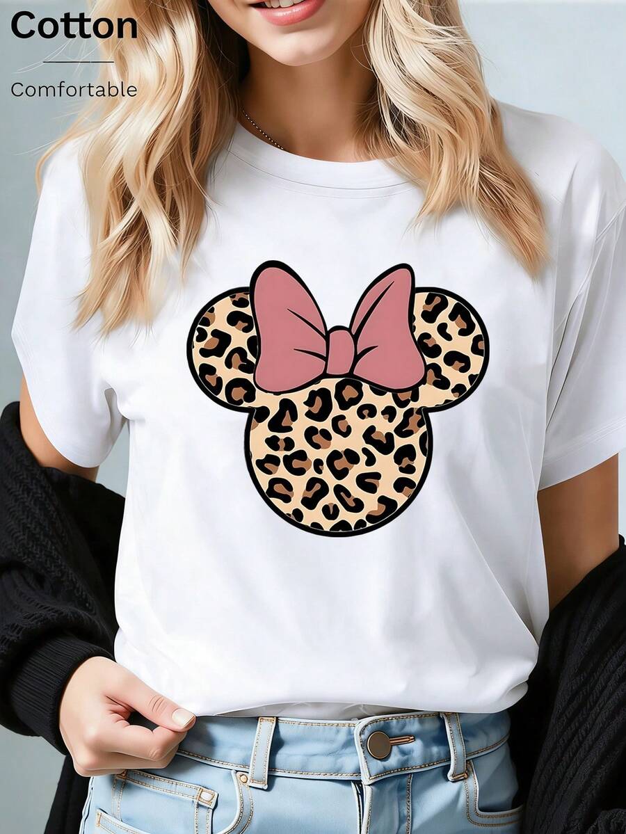 Disney (Loose Version)Cute Women's White Cotton T-Shirt With Leopard Print Minnie Mouse Head And Pink Bow, Short Sleeve Regular Fit Round Neck Top Short-Sleeved Round Neck Casual Shirt Necessary In Summer, Suitable For Summer And Spring, Holiday Gift Party Clothing, Ladies' Clothing. - Blanc - Voir 1