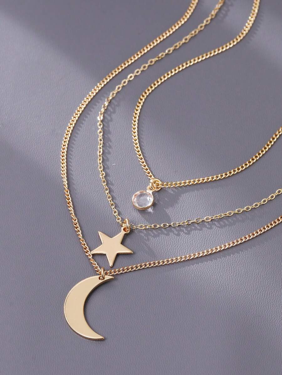 三件套简约叠戴项链，包括铜质星星、月亮、圆形边框和锆石，适合女性日常佩戴和派对场合。 - 金黃色 - 查看 1