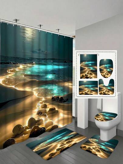 1/4pcs Moon Night Sky Pattern Polyester Fiber Shower Curtain With 12 Hooks, Night Scene Printed Bathroom Decor, U-Shaped Toilet Seat Cover, Bathroom Accessories