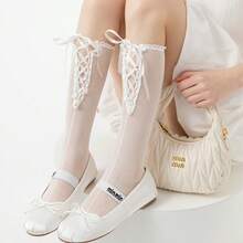 薄款芭蕾舞式交叉绑带小腿袜，洛丽塔蝴蝶结过膝袜，芭蕾舞式绑带网眼小腿袜，透明渔网缎带过膝袜 - 彩色 - 查看 8