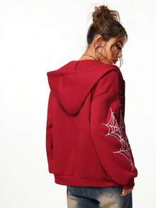 2026 Y2K Spider Web Print Unisex Zip Up Hoodie | Oversized Loose Fit For Men & Women, All Seasons - 紅色 - 查看 4