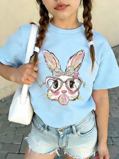 Easter - Tween Girl Cute Bunny Blowing Bubbles Cartoon Print T-Shirt, Suitable For Holiday Wear, Casual Wear, Street Style, Fashionable For Girls In Summer. Ideal Easter Gift For Kids, Perfect Outfit To Celebrate Easter!