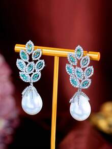 一对蓝色马眼形叶形立方氧化锆长款珍珠吊坠耳环，优雅的镀银立方氧化锆首饰，适合婚礼、订婚、派对、舞会、新娘、伴娘、女友、妻子、母亲等场合佩戴。 - 藍色 - 查看 8