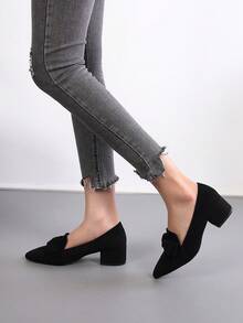 New Spring/Autumn Casual Versatile Women Shoes, Pointed Toe Thick Heel Soft Sole Bowknot Black Pumps,Elegant,Loafers - Black - View 5