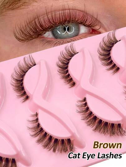 Rikuaild 5 Pairs Reusable Brown Curling Cat Eye Eyelash, Clear Band Natural Invisibility Lightweight Fox Eye Lashes, Brown False Eyelashes Faux Mink Lashes Fluffy Strip False Lashes Natural Look Eyelashes Lash Extension Wedding Travel DatIing Makeup