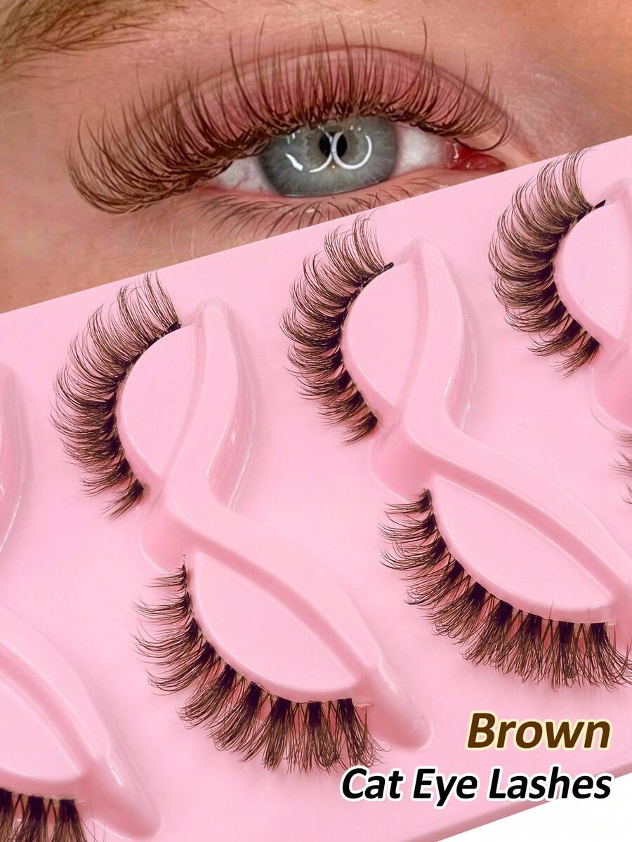 Rikuaild 5 Pairs Reusable Brown Curling Cat Eye Eyelash, Clear Band Natural Invisibility Lightweight Fox Eye Lashes, Brown False Eyelashes Faux Mink Lashes Fluffy Strip False Lashes Natural Look Eyelashes Lash Extension Wedding Travel DatIing Makeup - 眼尾拉長款 - 查看 1