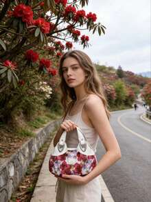 1 chiếc túi xách nữ thời trang thường ngày bằng da PU màu trơn, họa tiết hoa đỏ, thích hợp cho sinh hoạt hàng ngày, đi làm, đi chơi, du lịch. - Nhiều màu - Xem 4