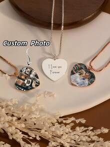 1pc Customized Photo Printed Necklace, Personalized Stainless Steel Heart-Shaped Photo Necklace, Custom Couple Photo Necklace, Unique Gift For Partner, Family, Friends - Heart-shaped Printed Necklace - View 2