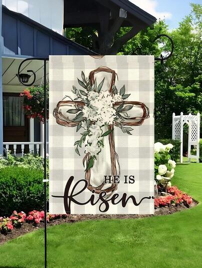 1Pc Country-Style Buffalo Plaid Easter Garden Flag, 12.5x18 Inches, Double-Sided Polyester Lily Cross Logo, "He Is Resurrected" Outdoor Decoration.