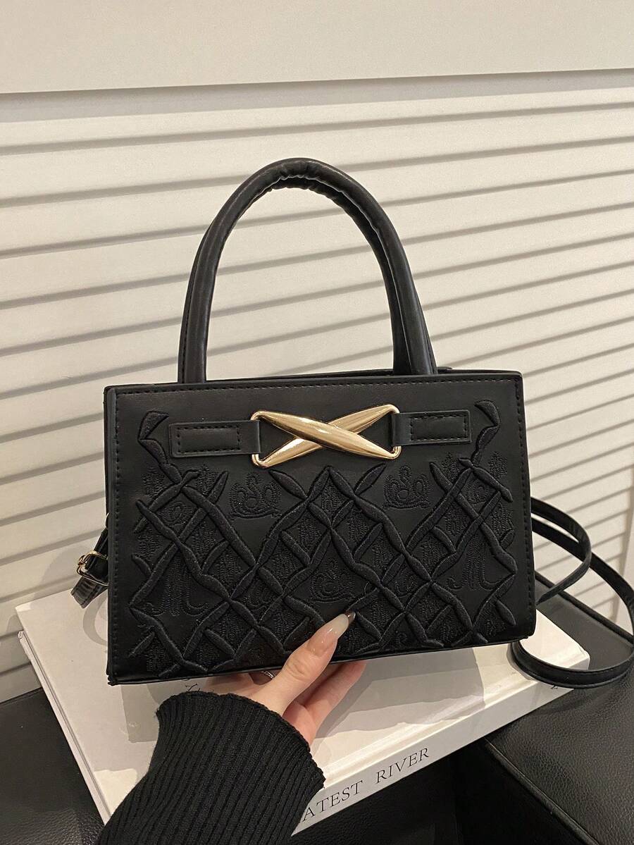2026秋冬新款时尚奢华女士手提包，多功能斜挎包，饰有刺绣细节，优雅迷你方形包 - 黑色 - 查看 1
