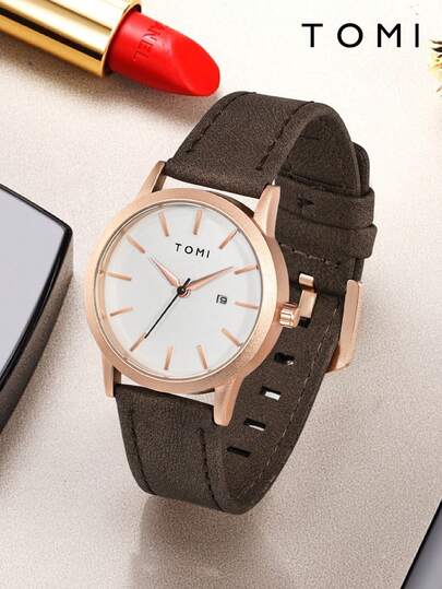  TOMI 1pc Dry Battery Powered Vintage Minimalist Compact Calendar Dial Leather Strap Watch, Suitable For Young Students