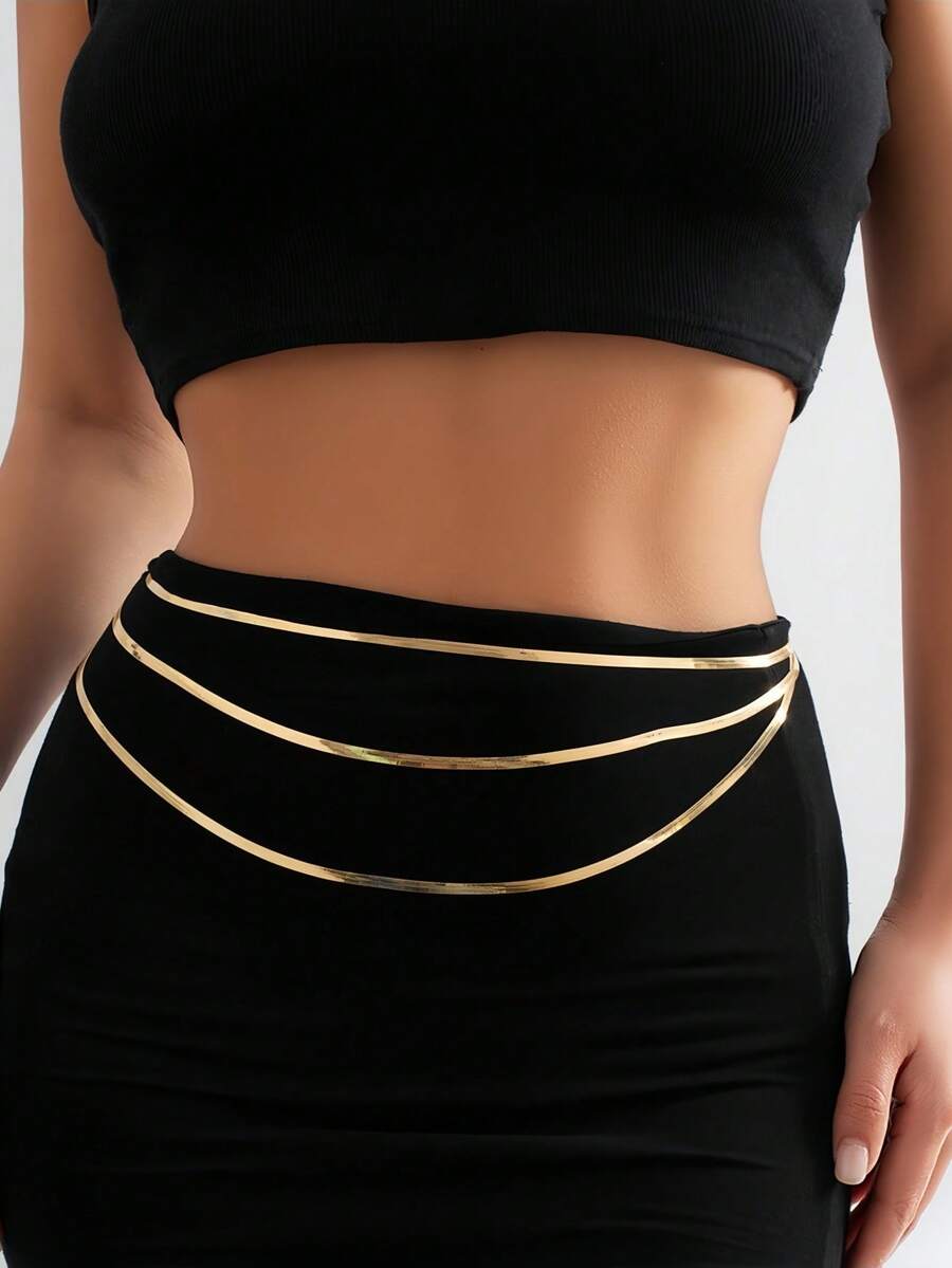 1件金属多层蛇形链条腰带/身体链，适合夏季沙滩派对比基尼装扮 - 金色 - 查看 1