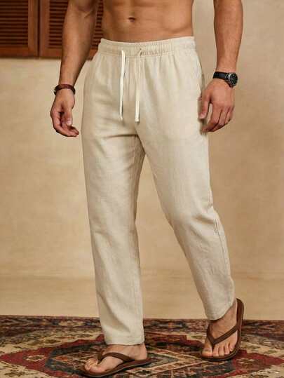 Men's Solid Color Drawstring Waist Linen Pants, Beige, Lightweight & Minimalist, Suitable For Outings And Vacations, Spring/Summer