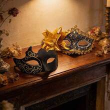 Unisex Masquerade Mask, Carnival And Venetian Costume Mask, Women's Side Flower Eye Mask, Suitable For Christmas, Halloween, Costume Party, Couple Masquerade Ball Mask Set, Venetian Party Mask - Gold - View 8