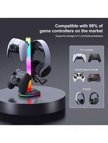 Game Stand With Controller & Headphone Holder, Multi-Device Charging Station With Dual USB & Type-C Fast Charging Ports, 7 LED Lighting Modes, Desktop Organizer For Gaming Setup - Black - View 4