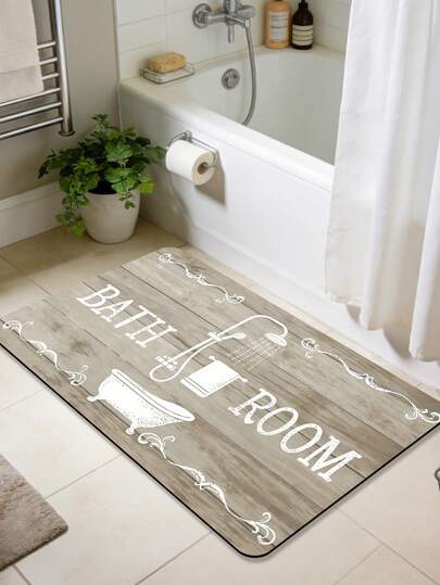 1pc Bathroom Rug, Asymmetrical Woodgrain & Letter Pattern Rectangular Bathroom Mat, Rubber Material, Machine Washable Home Decor Carpet, Bathroom Dry-Wet Separation Rug, Suitable For Bathroom Doorway, Bathtub Front, Shower Room Entrance, Etc.