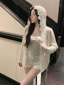 Women's Spring/Summer New Knitted 3D Lace Drawstring Hooded Cardigan, Long Sleeve Top Outerwear. French Romantic Lace Hooded Cardigan, Soft & Relaxed, Suitable For Wedding, Vacation, Dates - Apricot - View 3