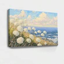 1pc Blue Summer Wall Art, Beach Decor, Ocean Framed Wall Art, Wrapped Canvas Poster Vintage Prints, Field Of Flowers, Ocean Waves, Natural Landscape - Botanical, Realistic Painting,  Atmosphere, Detailed Naturalism Style, Perfect Gift Decor, Wall Art for Living Room Bedroom Office, Hanging Hardware Included - Wrapped Framed Canvas, Horizontal - Lienzo enmarcado - Ver 1