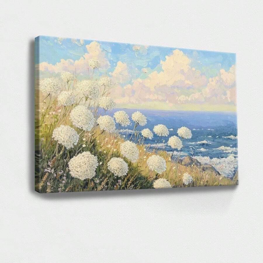 1pc Blue Summer Wall Art, Beach Decor, Ocean Framed Wall Art, Wrapped Canvas Poster Vintage Prints, Field Of Flowers, Ocean Waves, Natural Landscape - Botanical, Realistic Painting,  Atmosphere, Detailed Naturalism Style, Perfect Gift Decor, Wall Art for Living Room Bedroom Office, Hanging Hardware Included - Wrapped Framed Canvas, Horizontal - Lienzo enmarcado - Ver 1