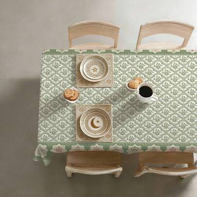 1件波西米亚风浅绿色花卉对称几何印花桌布，欧式复古花卉图案餐桌垫，尺寸：55.12*86.61英寸（140*220厘米）/55.12*70.87英寸（140*180厘米）/55.12*55.12英寸（140*140米）/35.43*55.12英寸（90*140米），防水防污涤纶面料，适用于野餐、露营、派对、自助餐、家居装饰、餐桌装饰、厨房装饰、DIY