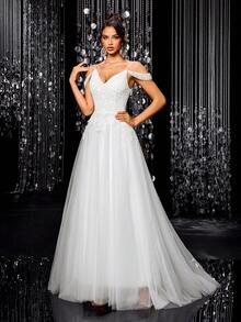 A-Line Lace Beaded Tulle Wedding Dress, Spaghetti Strap Formal Evening Gown - White - View 6