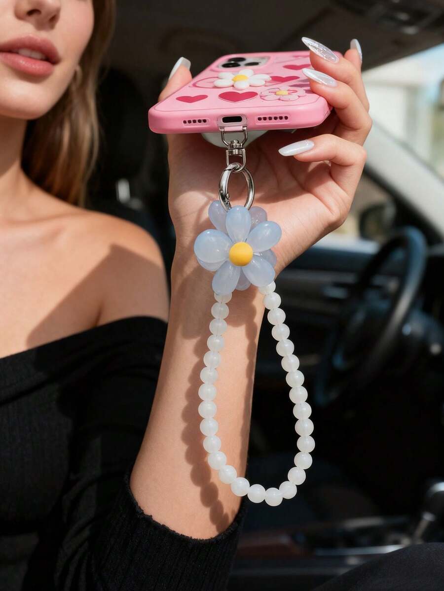 1pc Ice Blue Daisy & White Jade Beads Phone Lanyard, Fresh Summer Wrist Chain, Bag Charm