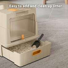 Foldable Cat Litter Box With Lid - Jumbo Enclosed Potty - Top Entry Anti-Splashing Toilet - Includes Scoop & 2-In-1 Cleaning Brush - 52*35*35cm - View 5