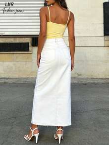 白色高腰牛仔裙，简约通勤休闲直筒开衩裙，女士 - 白色 - 查看 7