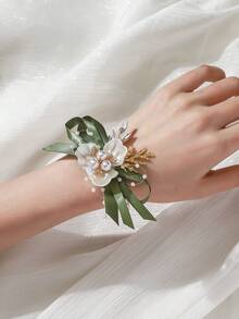 1/2片白色三角叶，配绿色丝带和小珠子，高端新郎/伴郎胸花，适合新娘、伴娘、婚礼、订婚、舞会、派对装饰、日常佩戴 - 綠色 - 查看 4