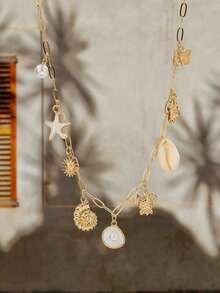 1pc Ocean Style Seashell, Turtle, Starfish Necklace With Faux Pearl Scallop & Conch Charm Pendant, Women Clavicle Chain - Vàng - Xem 5