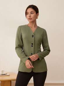 Amyenjoylife Women's Solid Color Casual Collarless Blazer - Olive Green - View 5