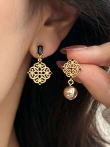 1 Đôi bông tai dáng dài bất đối xứng kiểu Pháp cổ điển dành cho nữ - Vàng đen đính đá pha lê và ngọc trai màu sâm panh, trang sức retro thanh lịch cho tiệc tùng và đám cưới. - Vàng - Xem 3