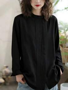 Plus Size Solid Color Casual Loose Side Pleated Collar Blouse Spring Black - Black - View 2